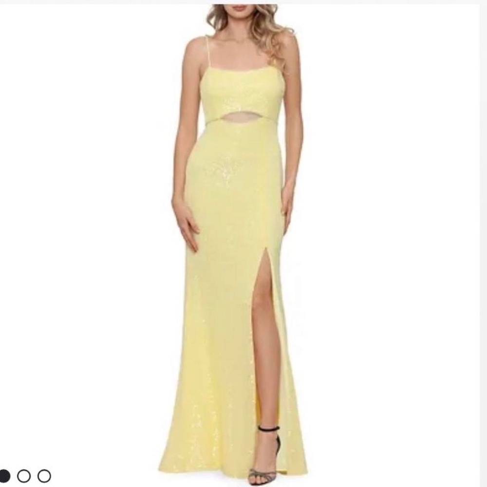 Xscape butter-yellow sequin dress